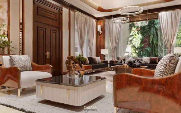 Phòng khách sang trọng với nội thất gỗ và rèm cửa trắng tinh tế.