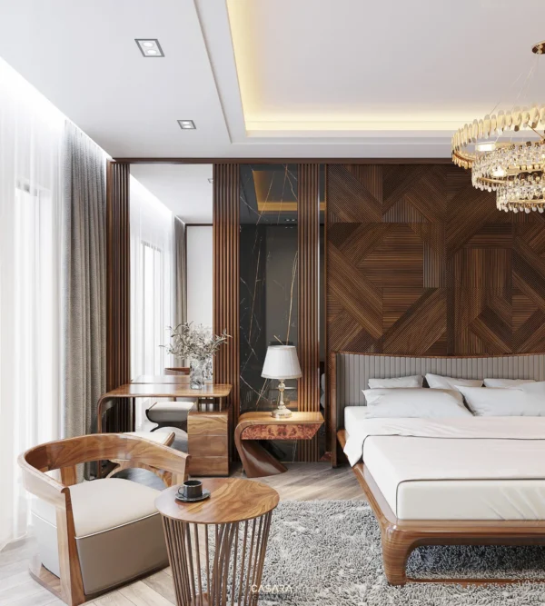 Phòng ngủ sang trọng với nội thất gỗ ấm cúng, ánh sáng dịu nhẹ.