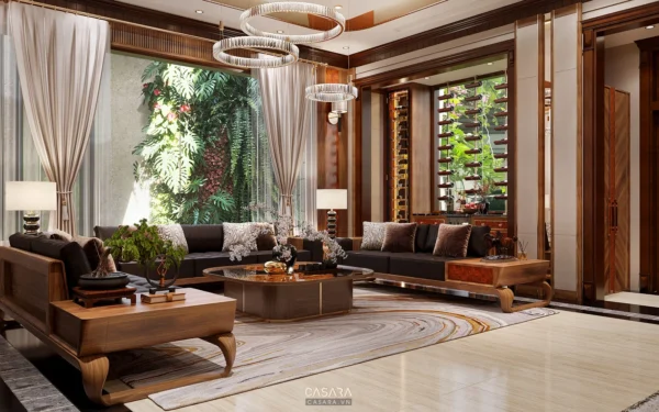 Phòng khách sang trọng với thiết kế hiện đại, ấm cúng và tinh tế.