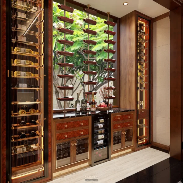 Tủ rượu sang trọng với thiết kế hiện đại, ánh sáng ấm áp.