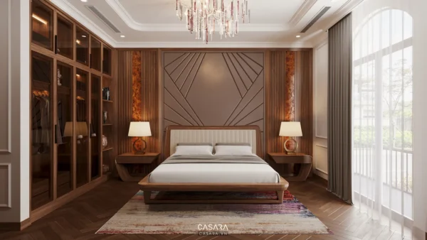 Phòng ngủ sang trọng với nội thất gỗ ấm cúng, ánh sáng dịu nhẹ.