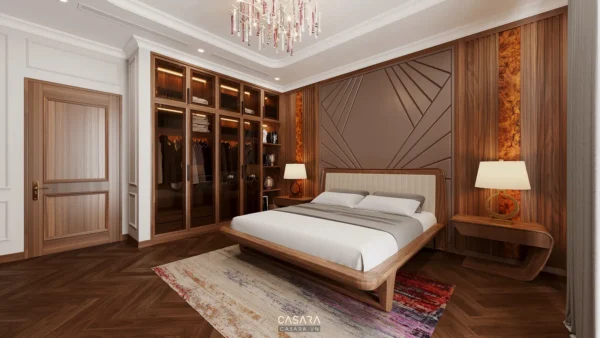 Phòng ngủ sang trọng với nội thất gỗ ấm cúng, ánh sáng dịu nhẹ.