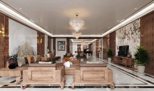 Phòng khách sang trọng, hiện đại với nội thất gỗ và tông màu ấm áp.