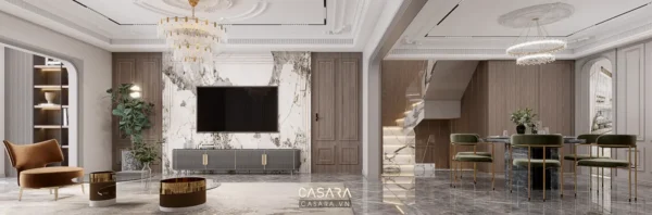 Phòng khách tân cổ điển sang trọng với đèn chùm và nội thất tinh tế.