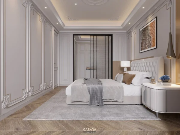 Phòng ngủ phong cách tân cổ điển trang nhã, ấm cúng và sang trọng.