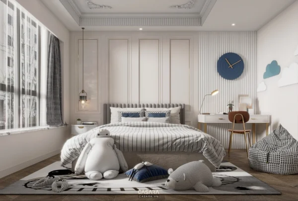 Phòng ngủ hiện đại, ấm cúng với tông màu trắng chủ đạo và điểm nhấn xanh.