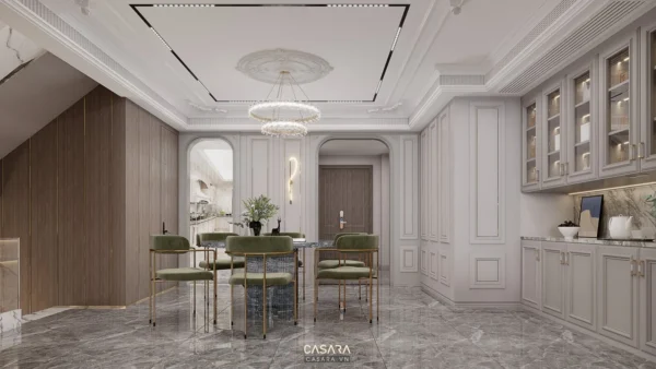 Phòng ăn hiện đại, sang trọng với nội thất tinh tế, ánh sáng ấm áp.