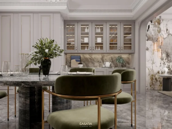 Phòng bếp tân cổ điển sang trọng với nội thất tinh tế.