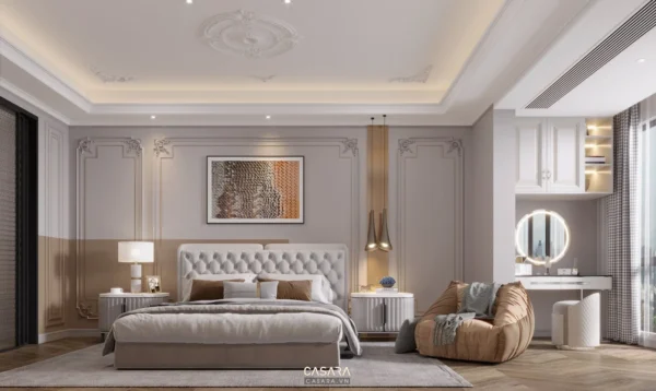 Phòng ngủ tân cổ điển sang trọng với giường lớn và nội thất tinh tế.