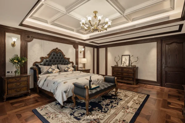 Phòng ngủ sang trọng, cổ điển với nội thất gỗ chạm khắc tinh xảo.