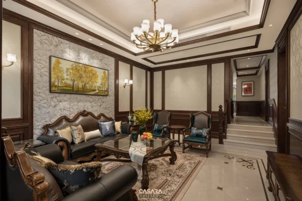 Phòng khách tân cổ điển sang trọng với nội thất gỗ và tranh nghệ thuật.