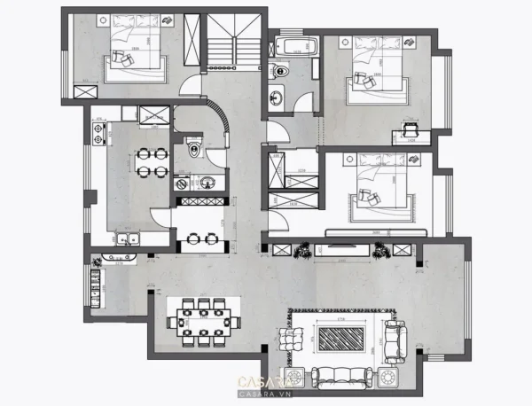 Bản vẽ mặt bằng chi tiết của một ngôi nhà hiện đại, sang trọng.