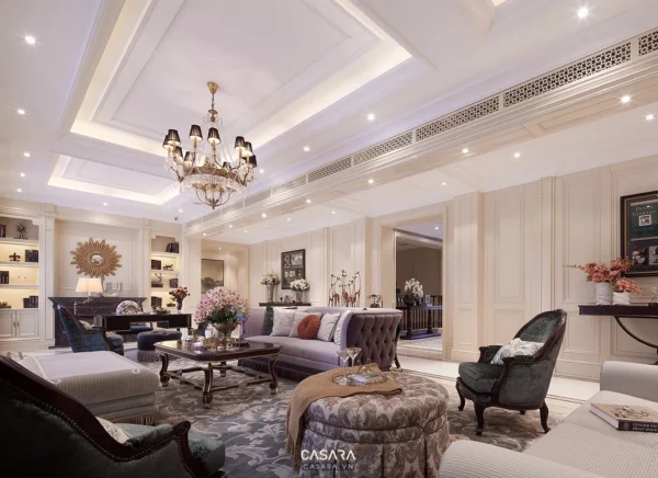 Phòng khách tân cổ điển sang trọng với đèn chùm và nội thất tinh tế.
