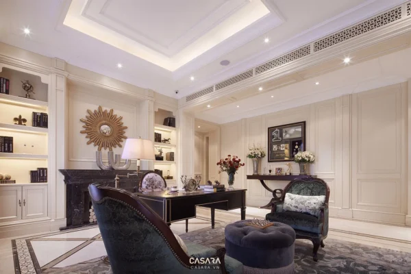 Phòng làm việc sang trọng, cổ điển với nội thất tinh tế.