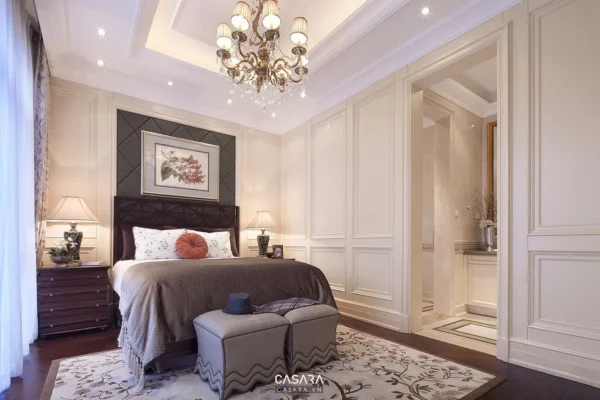 Phòng ngủ tân cổ điển sang trọng, ấm cúng với gam màu trung tính.