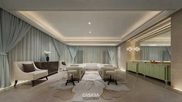 Phòng spa sang trọng, ánh sáng dịu nhẹ, thiết kế tinh tế và thư giãn.