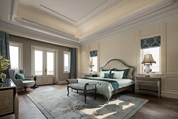 Phòng ngủ tân cổ điển sang trọng với giường lớn và ánh sáng ấm áp.