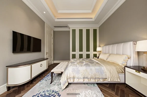 Phòng ngủ sang trọng, ấm cúng với nội thất hài hòa, tinh tế.