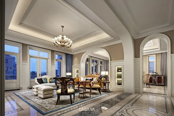 Phòng khách sang trọng, cổ điển với nội thất tinh tế, ánh sáng ấm áp.
