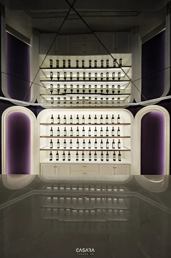 Tủ rượu trang trí hiện đại với ánh sáng dịu nhẹ, sang trọng.