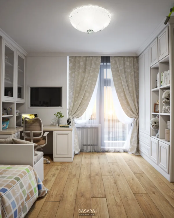 Phòng ngủ trẻ em sang trọng, ấm cúng với nội thất màu trắng chủ đạo.