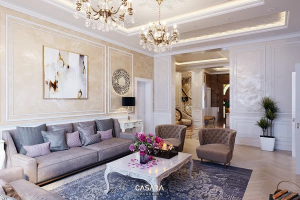 Phòng khách sang trọng với thiết kế cổ điển, tông màu ấm áp tinh tế.