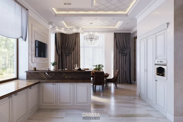 Phòng bếp-ăn sang trọng, hiện đại với tông màu trắng chủ đạo.