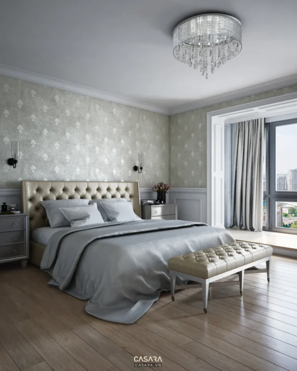 Phòng ngủ sang trọng với tông màu trắng, xám chủ đạo, ánh sáng dịu nhẹ.