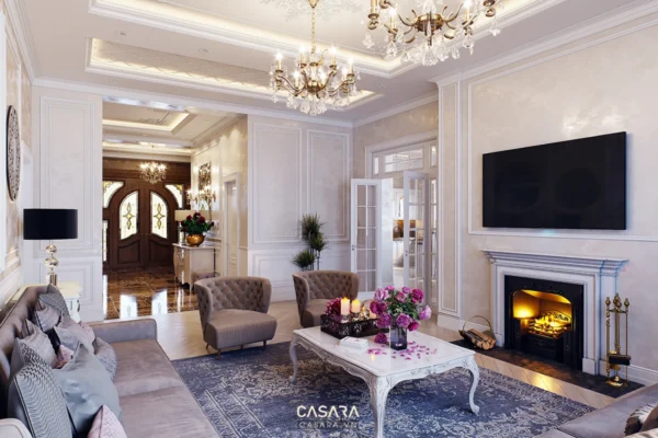 Phòng khách tân cổ điển sang trọng với nội thất tinh tế, ánh sáng ấm áp.