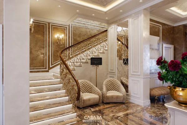 Nội thất sảnh đón khách sang trọng với cầu thang và ghế chờ.