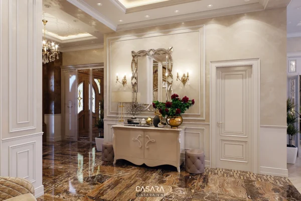 Sảnh đón khách sang trọng với nội thất cổ điển, ánh sáng ấm áp.