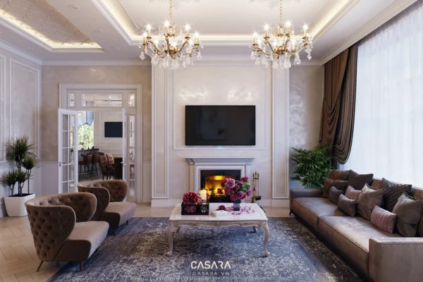 Phòng khách tân cổ điển sang trọng với đèn chùm và lò sưởi.