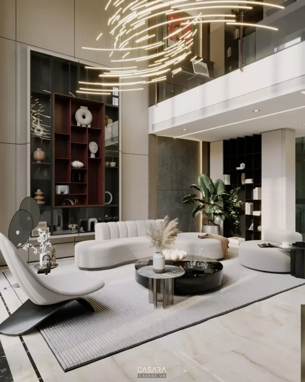 Phòng khách hiện đại, sang trọng với thiết kế mở và nội thất tinh tế.