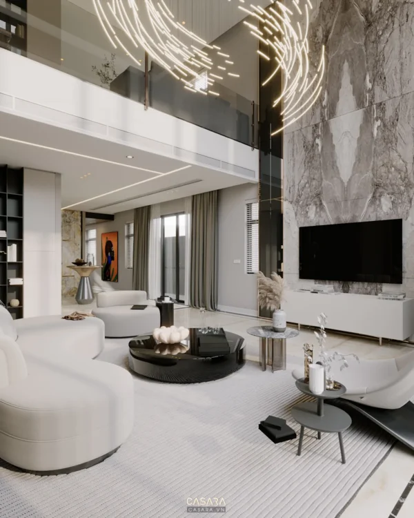 Nội thất phòng khách hiện đại, sang trọng với gam màu trung tính.
