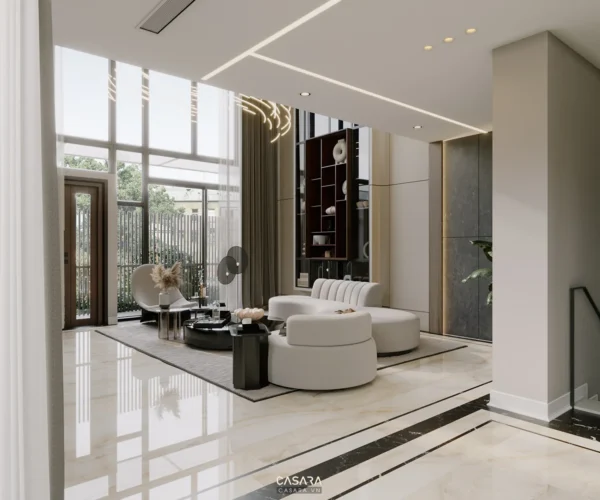 Phòng khách hiện đại, sang trọng với nội thất trắng tinh tế.