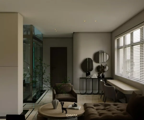 Phòng khách hiện đại, sang trọng với thiết kế tối giản, ánh sáng dịu nhẹ.