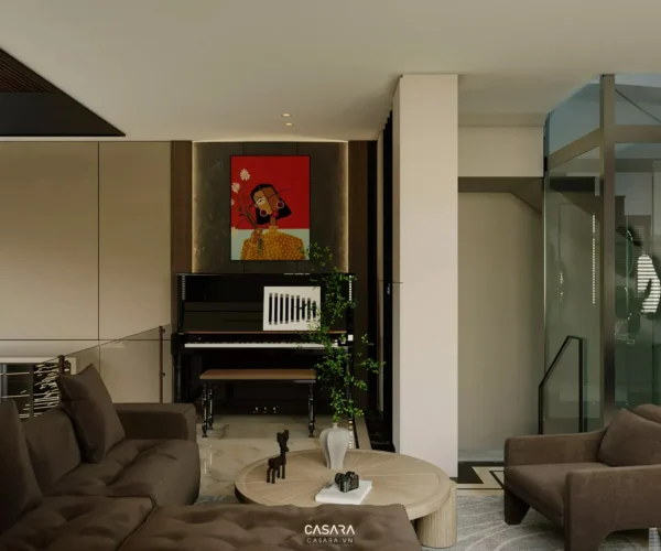 Phòng khách hiện đại, sang trọng với piano đen và tranh nghệ thuật.