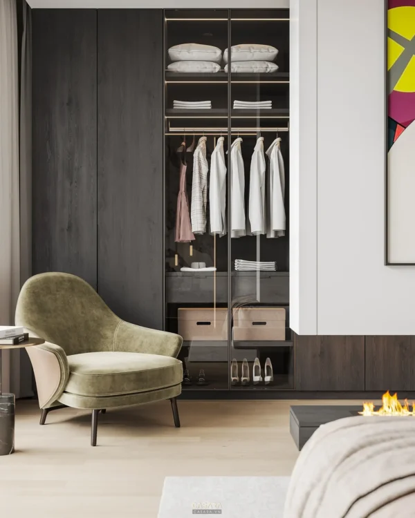 Nội thất phòng ngủ hiện đại, tối giản với tủ quần áo âm tường.