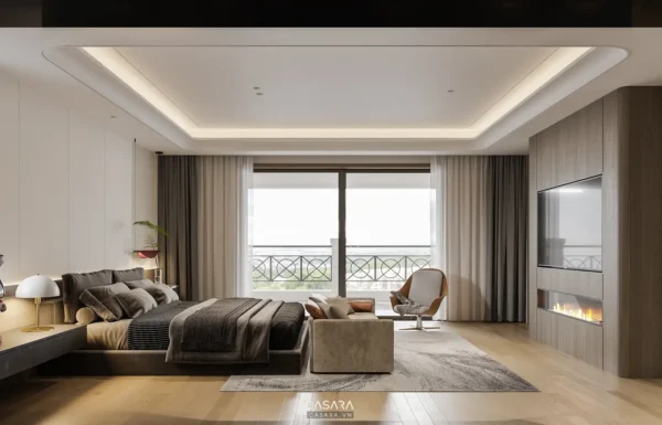 Phòng ngủ hiện đại, sang trọng với tông màu trung tính ấm áp.