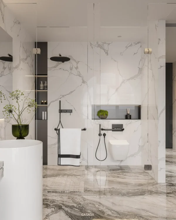 Phòng tắm sang trọng với tông trắng chủ đạo và thiết kế hiện đại.