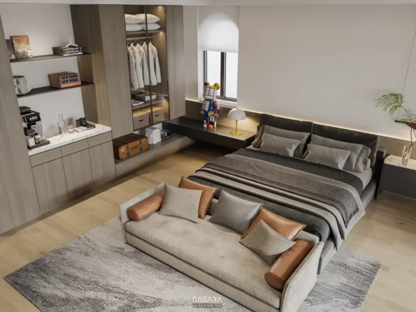 Phòng ngủ hiện đại, tối giản với tông màu trung tính ấm áp.