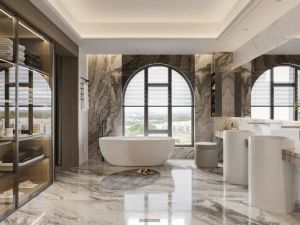 Phòng tắm sang trọng với bồn tắm trắng và cửa sổ lớn.