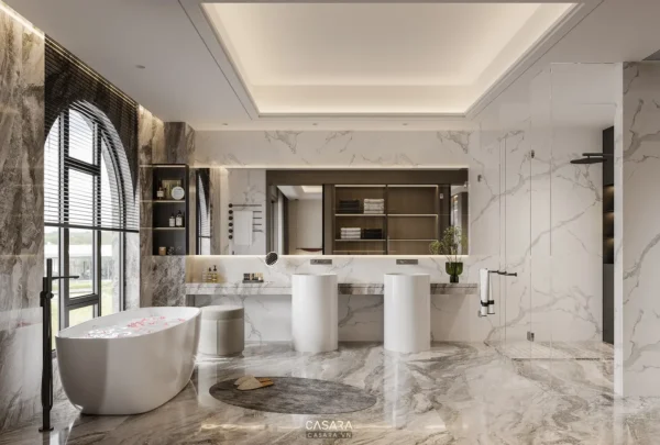 Phòng tắm xa hoa với đá cẩm thạch trắng, thiết kế hiện đại và tinh tế.