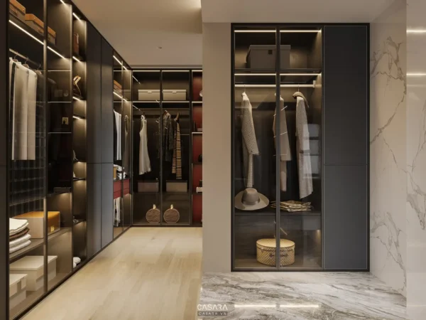 Phòng thay đồ hiện đại, sang trọng với thiết kế tối giản, tinh tế.