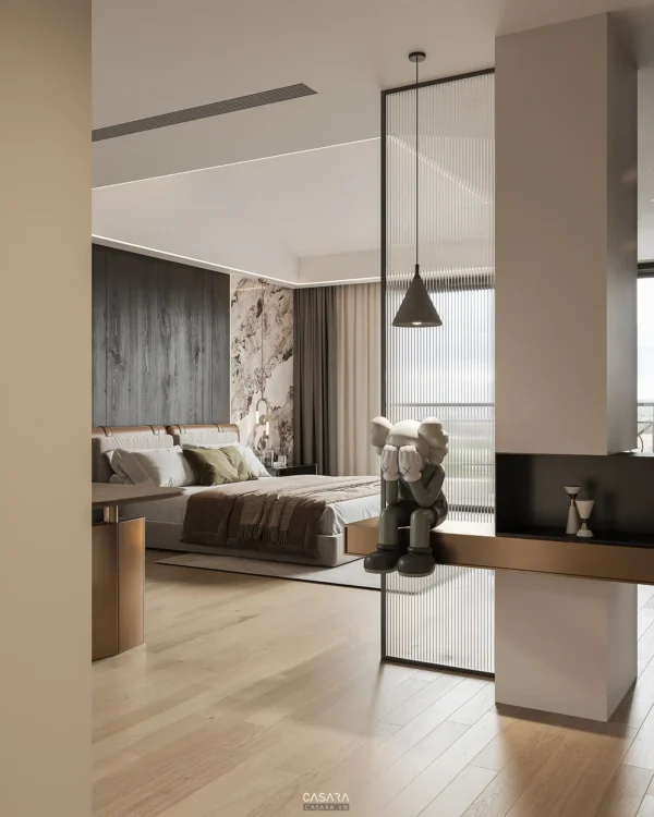 Phòng ngủ hiện đại, tối giản với tông màu trung tính ấm áp.