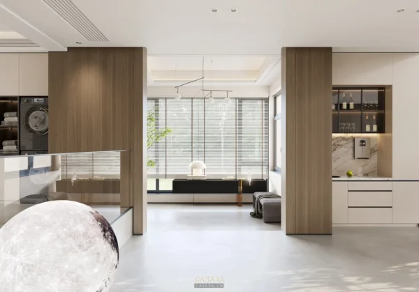 Nội thất phòng khách và bếp hiện đại, tối giản và sang trọng.