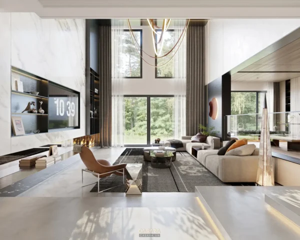 Phòng khách hiện đại, sang trọng với cửa kính lớn nhìn ra thiên nhiên.