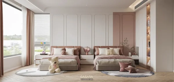 Phòng ngủ hiện đại, ấm cúng với tông màu hồng, kem chủ đạo.