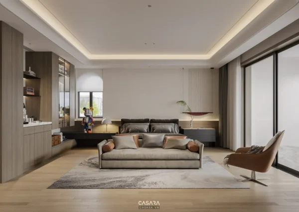 Phòng ngủ hiện đại, tối giản với tông màu trung tính ấm áp, sang trọng.