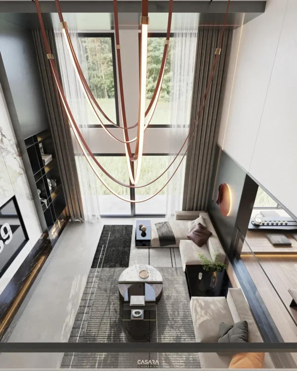 Nội thất phòng khách hiện đại, sang trọng với tông màu trung tính.